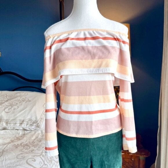 BooHoo Peach Striped Off the Shoulder Long Sleeved Top - Picture 2 of 8